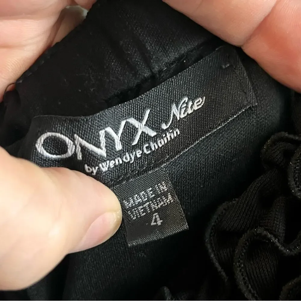Onyx Nite by Wendy Chaitin Black Ruffle Halter Mini Dress stretch womens size 4